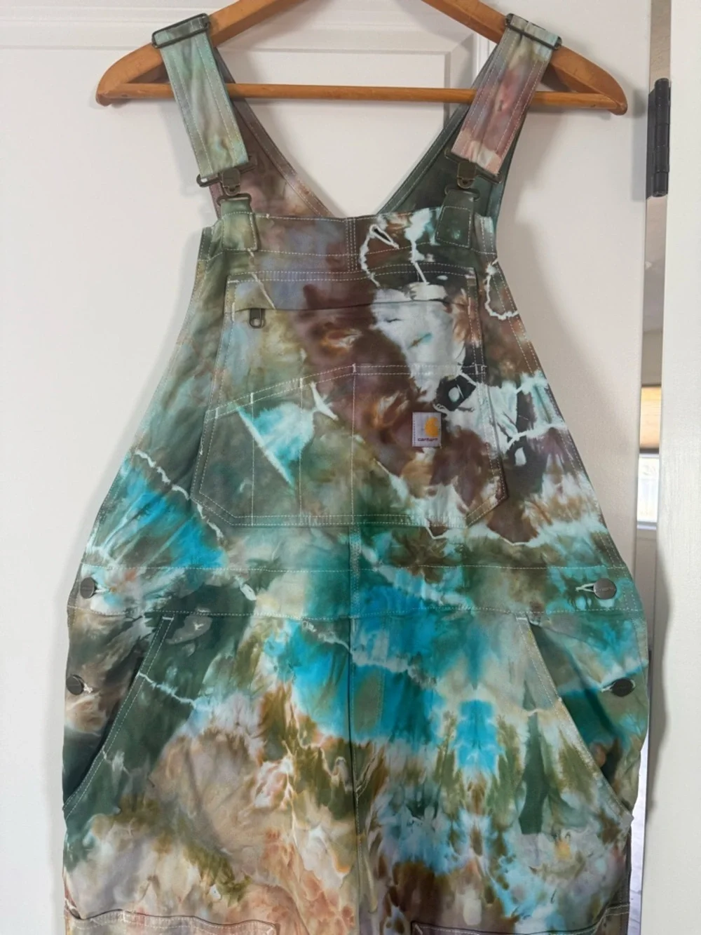 Carhartt Tie-Dye Overalls in Teal, Brown, White - Picture 6 of 9